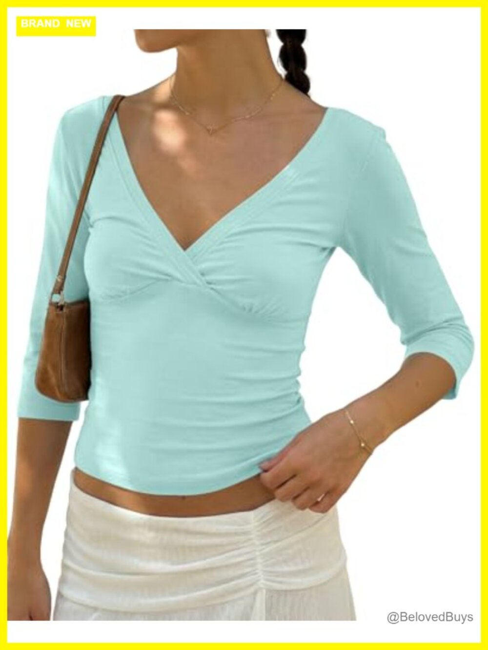 Women's 3/4 Sleeve V Neck Crop Top Slim Fit Backless Y2K Summer Tee